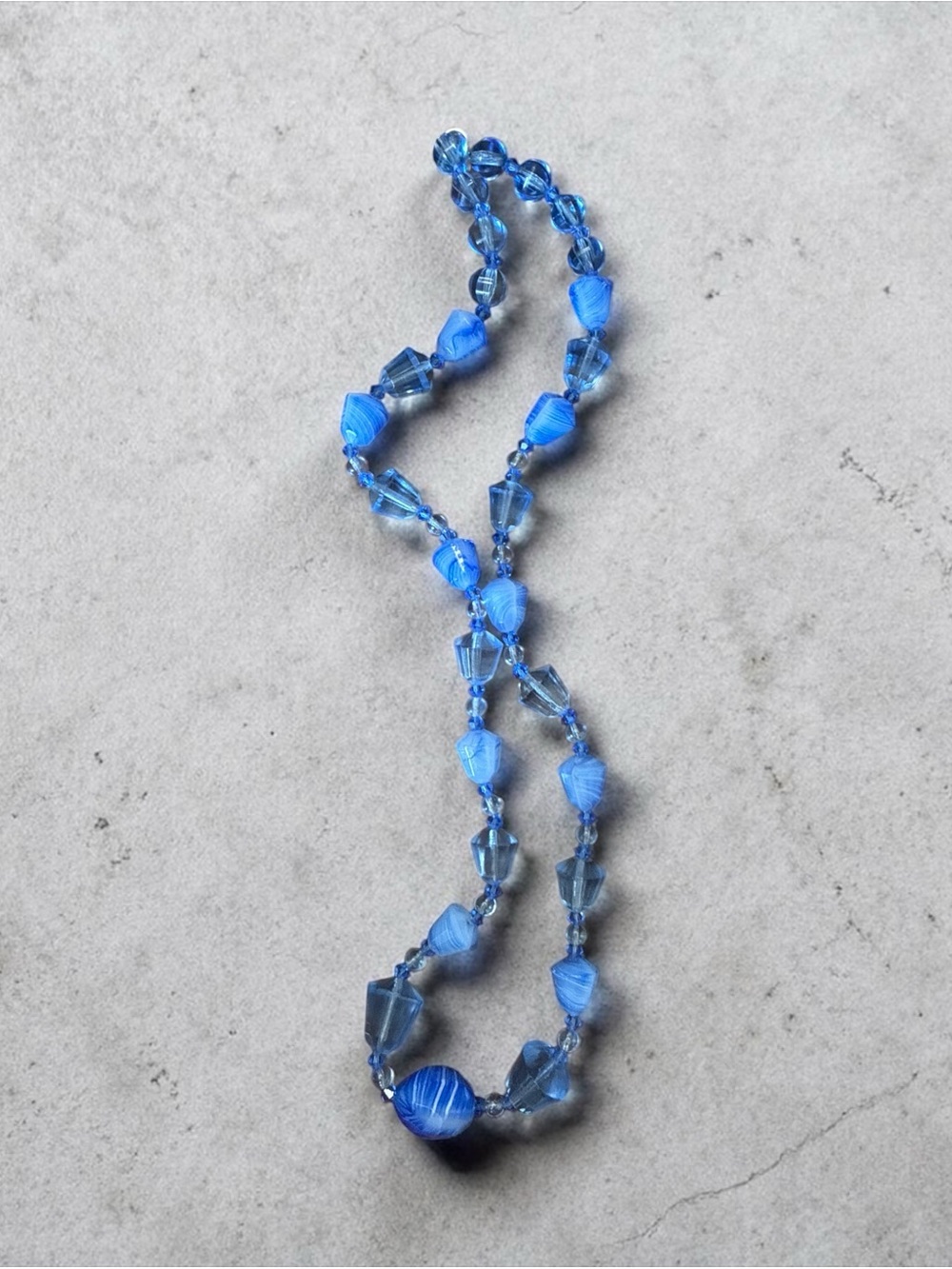 Vintage Art Deco Blue Glass Bead Statement Necklace Geometric Faceted Chunky 22”